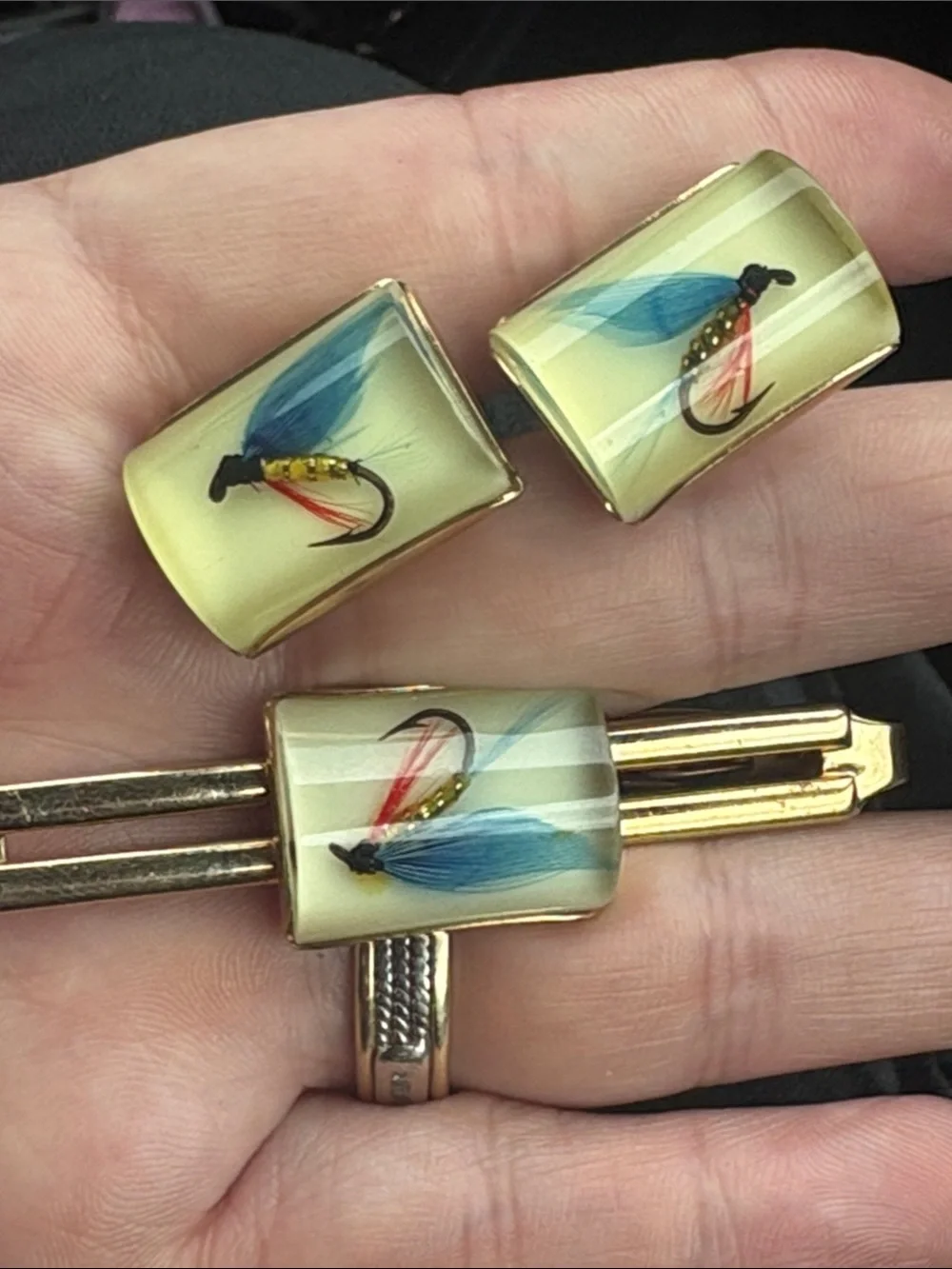 Blue Fishing Fly Vintage cufflinks and a tie pin